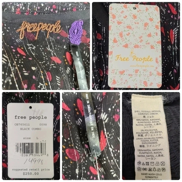 Free People Baby Love Smocked Floral Print Dress Black Red Silver Metallic Large - Picture 15 of 16